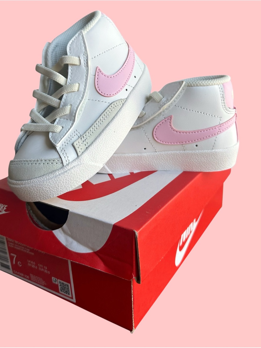 Nike Blazer Mid ‘77 Kids White High-Top Sneakers with Pink Swoosh (Size 7C)
